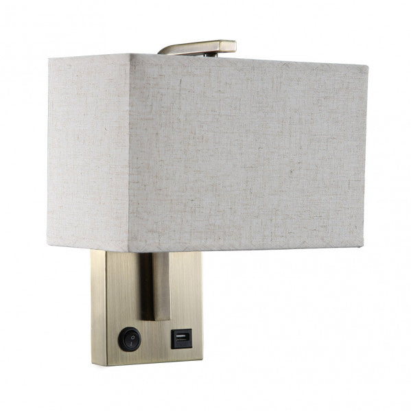 Aplique moderno Agatha de Abrila en cuero beige, modelo AI2 de 27x25x15 cm con luz difusa, metal texturizado y puerto USB para decoración interior doméstica