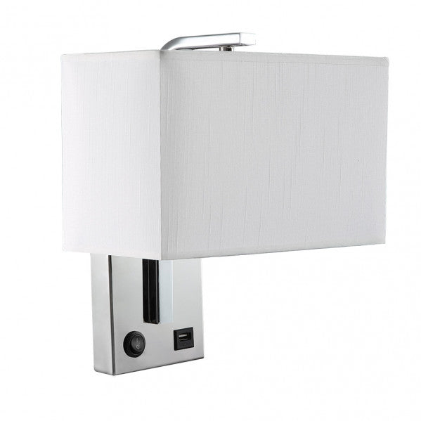 Aplique de pared Agatha moderno en acabado cromo y blanco, modelo Abrila 174761020 con 1 casquillo E27, puerto USB integrado, fabricado en metal y textil para decoración interior doméstica, iluminación AI2 versátil y funcional.