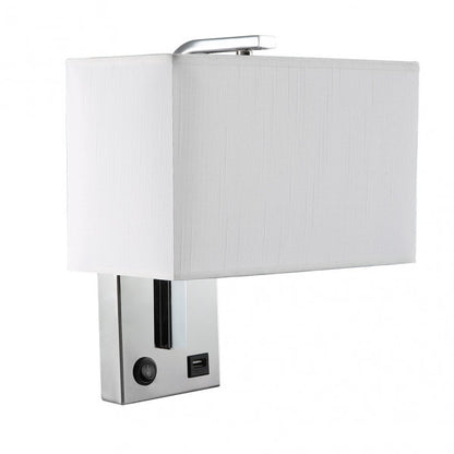 Aplique de pared Agatha moderno en acabado cromo y blanco, modelo Abrila 174761020 con 1 casquillo E27, puerto USB integrado, fabricado en metal y textil para decoración interior doméstica, iluminación AI2 versátil y funcional.