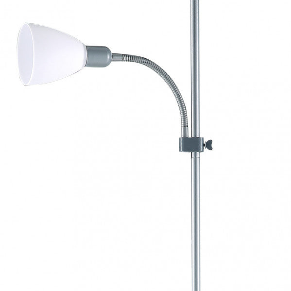 Pie de salón Rilon en plata con pantalla blanca Abrila, modelo 175242010, diseño moderno de metal para decoración de interiores, con lector de libros integrado y elementos textiles.