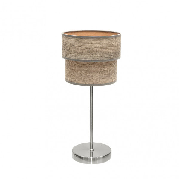 Lámpara sobremesa doble Smile de Abrila en níquel y gris, diseño moderno con luz difusa E14, ideal para decoración interior doméstica en metal textil y madera gris.