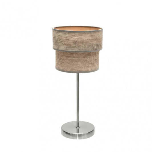 Lámpara sobremesa doble Smile de Abrila en níquel y gris, diseño moderno con luz difusa E14, ideal para decoración interior doméstica en metal textil y madera gris.