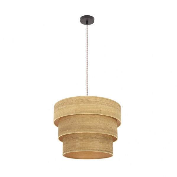 Lámpara colgante triple Smile en marrón y madera clara de Abrila, diseño moderno con estructura metálica, tela textil y detalles en madera natural para decoración interior doméstica, modelo 175394085.