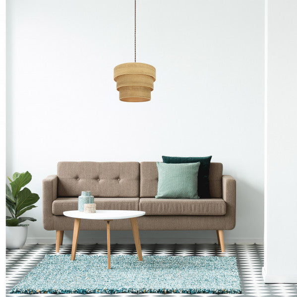 Lámpara colgante triple Smile en marrón y madera clara de Abrila (175394085), diseño moderno con elementos de metal y textil para decoración interior doméstica, estilo ai2 con motivos Smile.