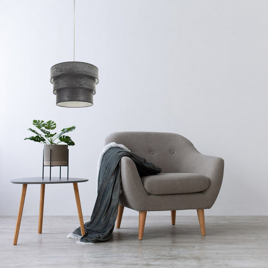 Lámpara colgante triple Smile moderna de Abrila en acabado cromo y madera negra, diseño interior doméstico con elementos metálicos y textil para decoración elegante, modelo 175395009.