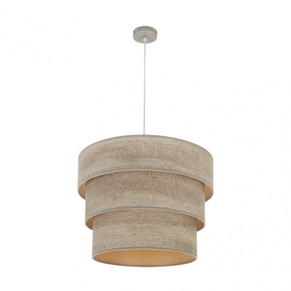 Lámpara colgante triple Smile en níquel y madera gris de 50 cm, diseño moderno Abrila para interiores y decoración doméstica con estilo textil SMILE.