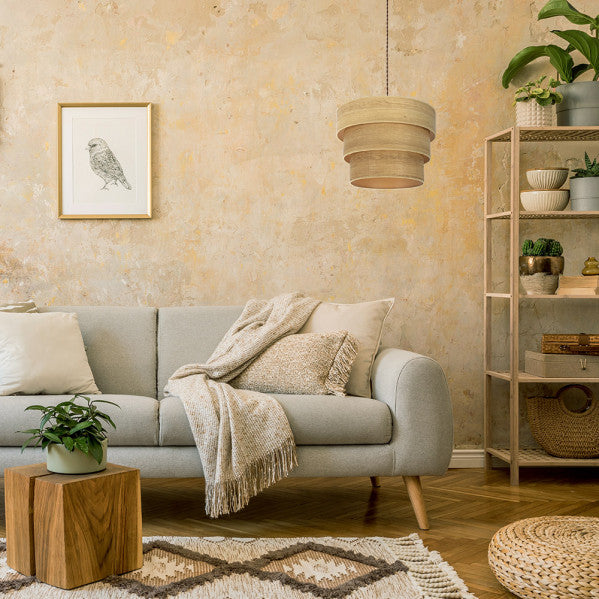 Colgante Triple Smile 3xE27 de Abrila en marrón y madera clara, lámpara colgante moderna con diseño smile para decoración interior doméstica, estructura de metal y textil, modelo 175395085.