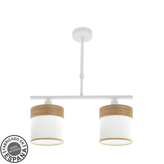 Lámpara sobremesa Cloe de Abrila en blanco y madera clara, diseño escandinavo moderno con 2 casquillos E14, ideal para iluminación doméstica y decoración interior, estilo CLOE ai2 con base metálica y pantalla textil.