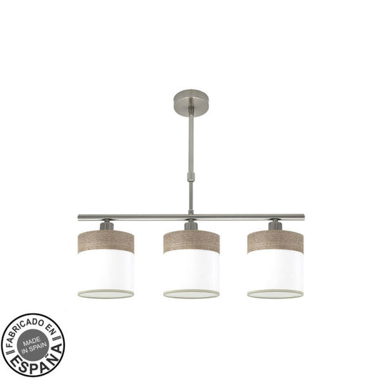 Lámpara de mesa Cloe de Abrila en níquel con base blanca y madera gris, diseño elegante para decoración interior doméstica, compatible con 3 bombillas E14, iluminación textil y metálica para hogar moderno (modelo 175453083)