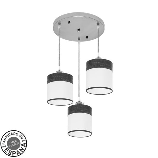 Plafon Cloe de Abrila en cromo, blanco y madera negra, diseño cuadrado 42x42 cm con 3 casquillos E27 regulables para iluminación interior doméstica, lámpara de techo moderna en metal y textil.