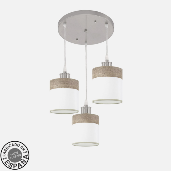 Plafon Cloe de Abrila en níquel, blanco y madera gris, modelo 3xE27 con casquillo estándar para bombillas LED, diseño interior doméstico moderno con elementos metálicos y textil, ideal para iluminación decorativa en techos residenciales (referencia 175483083).