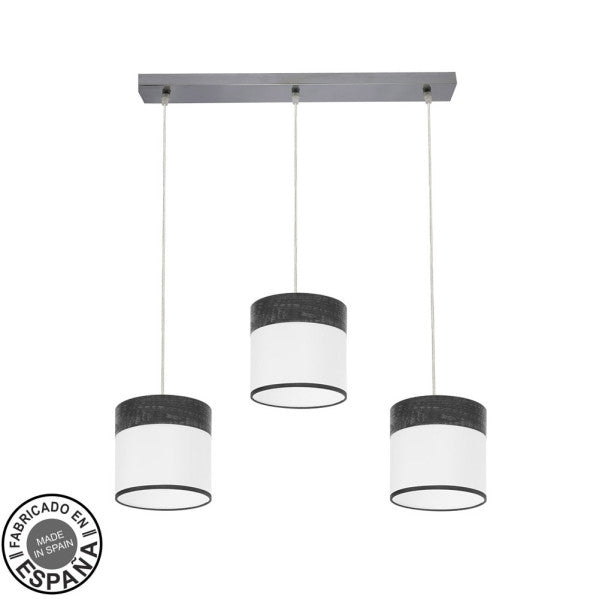 Regleta de luz Cloe 3xe27 en cromo, blanco y madera negra de Abrila, diseño moderno para iluminación interior doméstica con bombillas E27 y luz difusa, ideal para decoración minimalista en metal y textil.