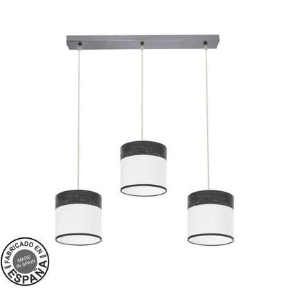 Regleta de luz Cloe 3xe27 en cromo, blanco y madera negra de Abrila, diseño moderno para iluminación interior doméstica con bombillas E27 y luz difusa, ideal para decoración minimalista en metal y textil.