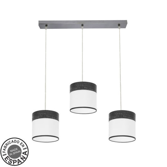 Regleta de luz Cloe 3xe27 en cromo, blanco y madera negra de Abrila, diseño moderno para iluminación interior doméstica con bombillas E27 y luz difusa, ideal para decoración minimalista en metal y textil.
