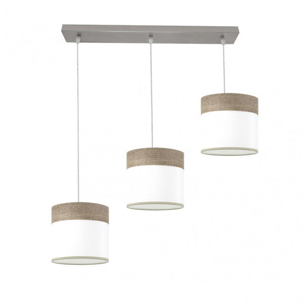 Regleta de luz Cloe de Abrila con 3 casquillos E27 en acabado níquel, blanco y madera gris, diseño moderno para iluminación interior doméstica con estilo textil.