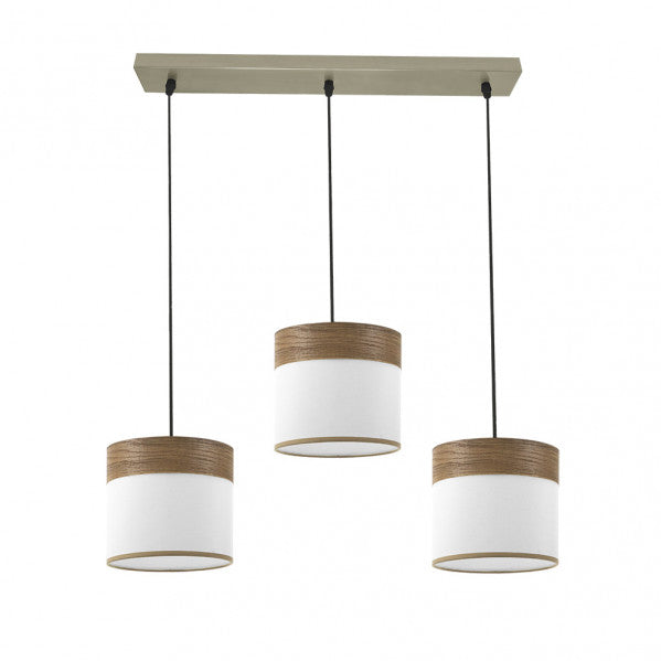 Regleta de pared Cloe de Abrila con 3 casquillos E27, diseño moderno en cuero blanco y madera oscura, ideal para decoración interior doméstica con estructura de metal y textil.