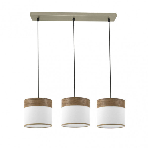 Regleta de pared Cloe con 3 casquillos E27, diseño moderno en cuero blanco y madera oscura, lámpara de interior Abrila para decoración doméstica con metal y textil, código 175493084.