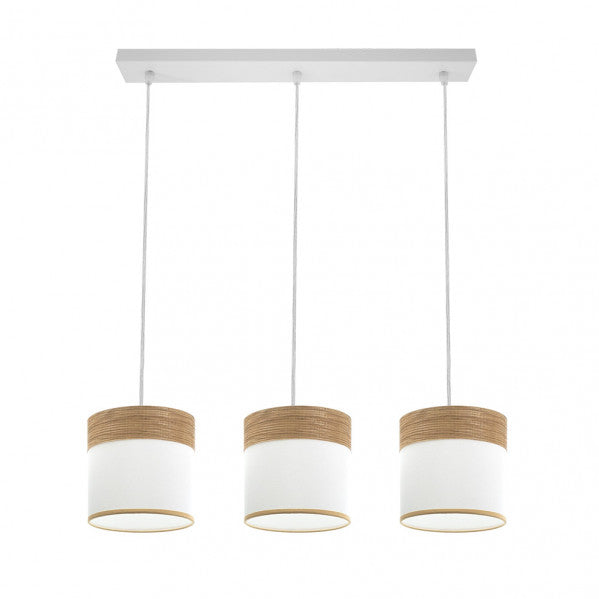 Lámpara colgante Regleta Cloe de Abrila con 3 casquillos E27 en diseño blanco y madera clara, iluminación moderna para decoración interior doméstica, estructura de metal y detalles textil, modelo 175493085.