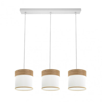 Lámpara colgante Regleta Cloe de Abrila con 3 casquillos E27 en diseño blanco y madera clara, iluminación moderna para decoración interior doméstica, estructura de metal y detalles textil, modelo 175493085.