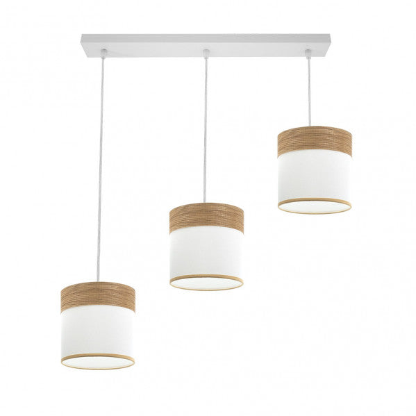 Regleta colgante Cloe de Abrila en blanco y madera clara, modelo 3xE27 con 175493085, lámpara moderna de metal y textil para decoración interior doméstica
