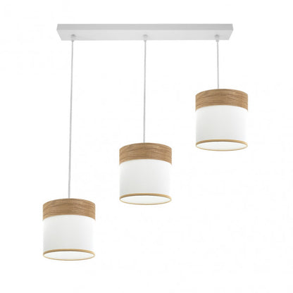 Regleta colgante Cloe de Abrila en blanco y madera clara, modelo 3xE27 con 175493085, lámpara moderna de metal y textil para decoración interior doméstica