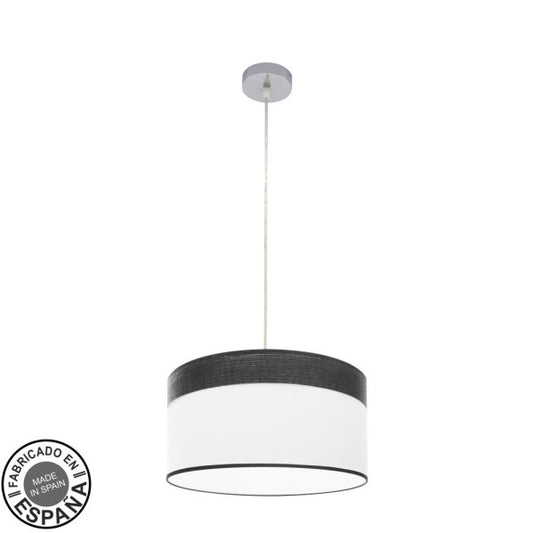 Lámpara colgante Cloe de Abrila, modelo 1xE27 en acabado cromo y blanco con madera negra, diseño moderno de 40x40 cm para decoración interior, luz difusa y textil.