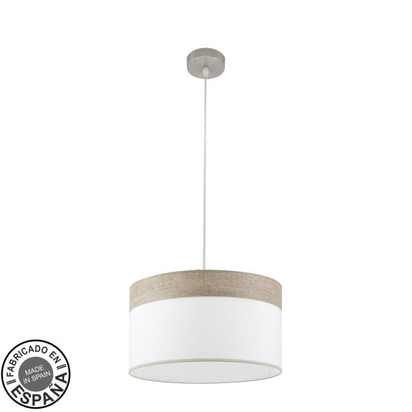 Lámpara colgante Cloe de Abrila en níquel y blanco con madera gris, diseño moderno de 40 cm para iluminación interior doméstica, modelo 1xE27 con detalles en metal y textil.