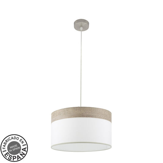 Lámpara colgante Cloe de Abrila en níquel y blanco con madera gris, diseño moderno de 40 cm para iluminación interior doméstica, modelo 1xE27 con detalles en metal y textil.