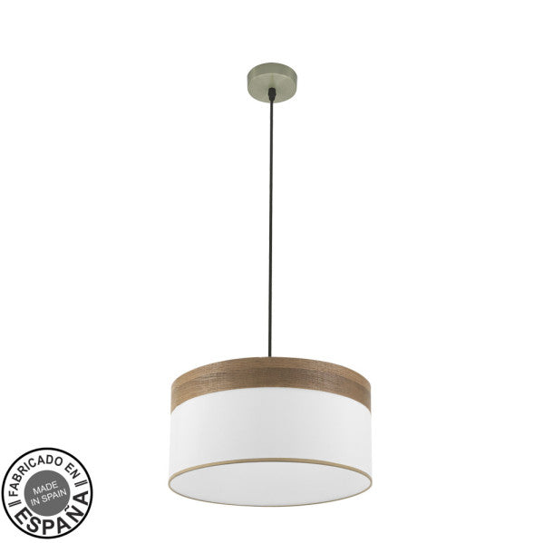 Lámpara colgante Cloe de Abrila en blanco y cuero con estructura de madera oscura, diseño moderno de 40 cm, casquillo E27 para luz difusa interior, ideal para decoración textil y metal en estilo contemporáneo.