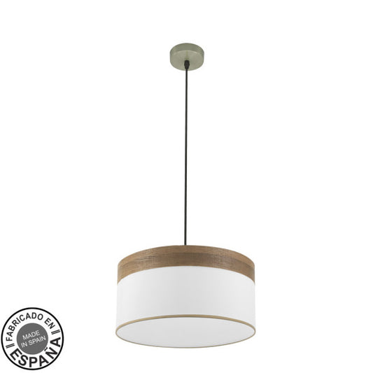 Lámpara colgante Cloe de Abrila en blanco y cuero con estructura de madera oscura, diseño moderno de 40 cm, casquillo E27 para luz difusa interior, ideal para decoración textil y metal en estilo contemporáneo.