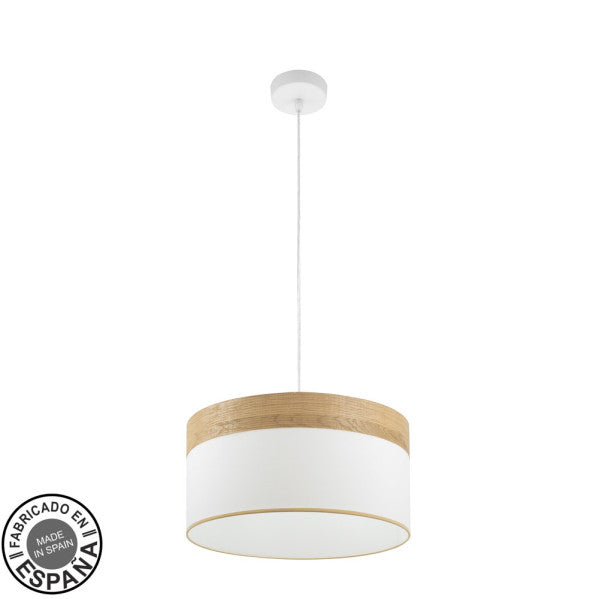 Colgante Cloe moderno en blanco y madera clara de 40cm, 1xE27, luz difusa para decoración interior doméstica, diseño Abrila AI2 con textil y metal (175494085)