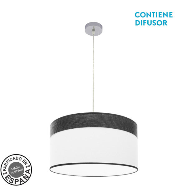 Colgante Cloe de Abrila con 2xE27 en cromo y blanco-madera negra, diámetro 50cm, lámpara colgante moderna de metal y textil para iluminación interior doméstica y decoración de interiores (código 175495009).