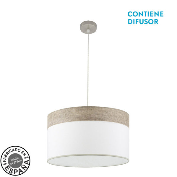 Colgante Cloe de Abrila en níquel y blanco con madera gris, diseño moderno de 50 cm con 2xE27 para iluminación interior doméstica, estilo textil y metálico ideal para decoración contemporánea.
