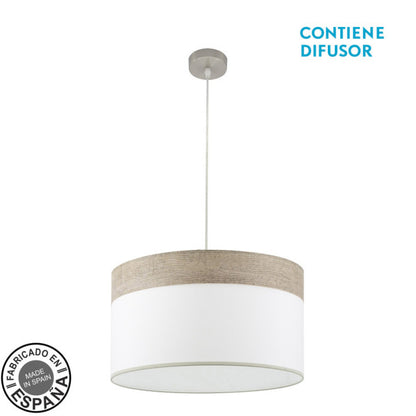 Colgante Cloe de Abrila en níquel y blanco con madera gris, diseño moderno de 50 cm con 2xE27 para iluminación interior doméstica, estilo textil y metálico ideal para decoración contemporánea.