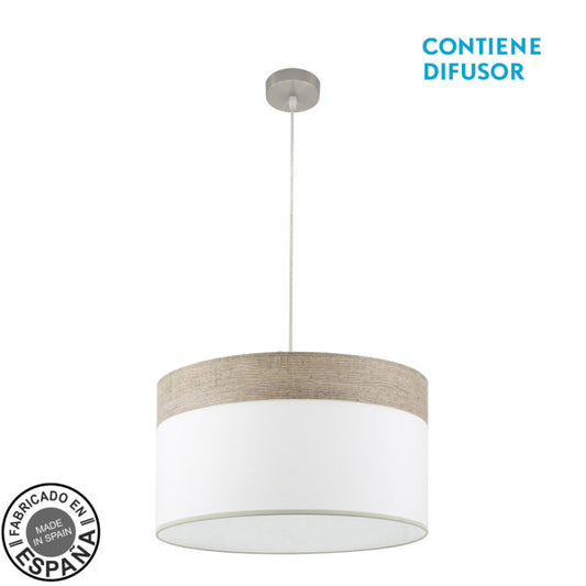 Colgante Cloe de Abrila en níquel y blanco con madera gris, diseño moderno de 50 cm con 2xE27 para iluminación interior doméstica, estilo textil y metálico ideal para decoración contemporánea.