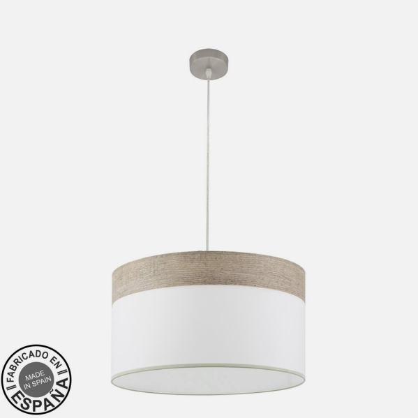 Colgante Cloe de Abrila en níquel y blanco con madera gris, diseño moderno de 50 cm para iluminación interior doméstica, modelo 175495083 con 2xE27 y toques textil y metálico.