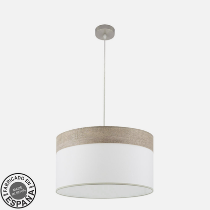 Colgante Cloe de Abrila en níquel y blanco con madera gris, diseño moderno de 50 cm para iluminación interior doméstica, modelo 175495083 con 2xE27 y toques textil y metálico.