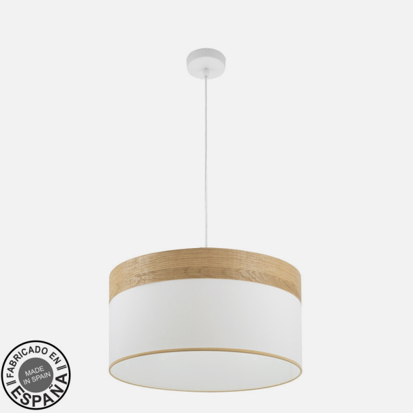 Colgante Cloe de Abrila en blanco y madera clara, lámpara colgante moderna de 50 cm con 2 casquillos E27 para iluminación interior, diseño en metal y textil ideal para decoración del hogar.