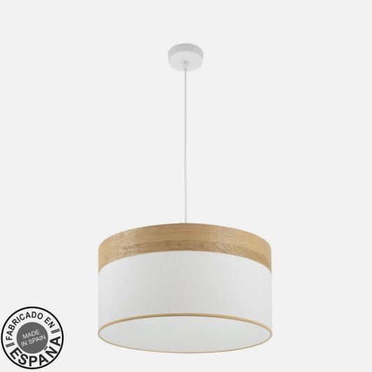 Colgante Cloe de Abrila en blanco y madera clara, lámpara colgante moderna de 50 cm con 2 casquillos E27 para iluminación interior, diseño en metal y textil ideal para decoración del hogar.