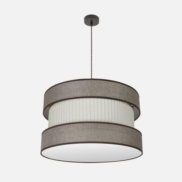 Colgante Home 3xE27 en marrón y beis de 60 cm de Abrila, lámpara colgante moderna de metal y textil para iluminación interior doméstica y decoración del hogar.