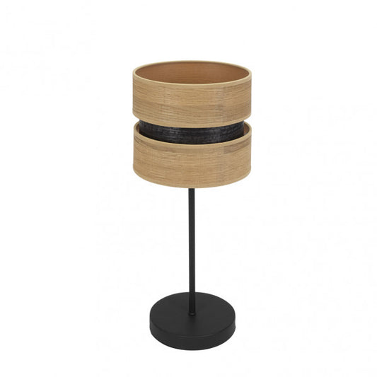 Lámpara de sobremesa Colet de Abrila en negro y madera clara, diseño moderno con luz difusa E14, ideal para decoración interior doméstica con base textil y metal.