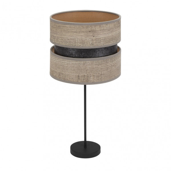 Lámpara sobremesa alto Colet negro con madera gris de Abrila, diseño moderno de iluminación interior con base metálica y textil, ideal para decoración y uso doméstico en salones o dormitorios.