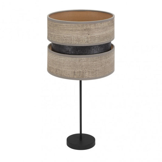 Lámpara sobremesa alto Colet negro con madera gris de Abrila, diseño moderno de iluminación interior con base metálica y textil, ideal para decoración y uso doméstico en salones o dormitorios.