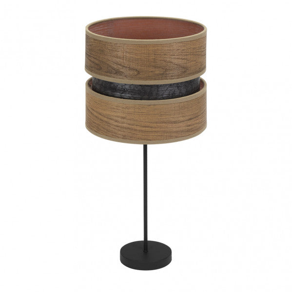 Lámpara de sobremesa Alto Colet de Abrila en negro y madera oscura, diseño moderno con luz difusa E27, ideal para decoración interior del hogar, estilo textil y metal.
