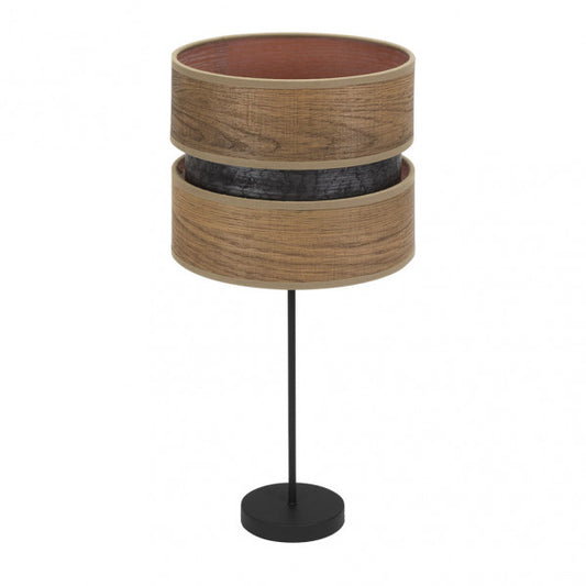 Lámpara de sobremesa Alto Colet de Abrila en negro y madera oscura, diseño moderno con luz difusa E27, ideal para decoración interior del hogar, estilo textil y metal.