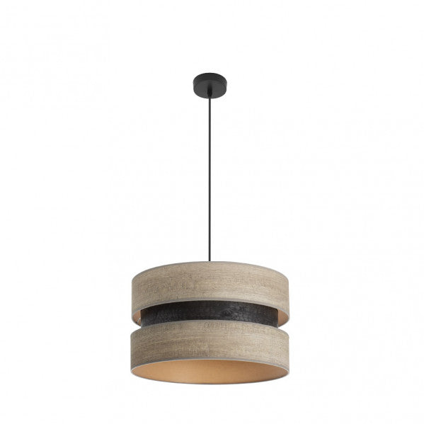 Colgante de lámpara Colet de Abrila en negro y madera gris, diseño moderno de 40 cm con bombilla E27 para iluminación interior del hogar, estilo textil y metal para decoración doméstica contemporánea.