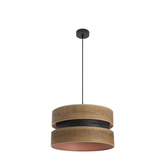 Colgante Colet de Abrila en negro y madera oscura, lámpara moderna de 40 cm con iluminación difusa E27, ideal para decoración interior doméstica con diseño textil y metal.