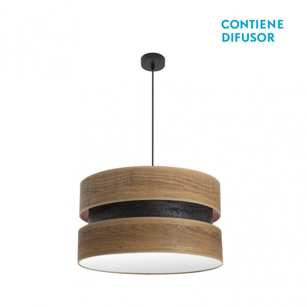 Colgante Colet 2xE27 de Abrila en negro y madera oscura, lámpara moderna de 50 cm para iluminación interior en salón o dormitorio, diseño colgante con metal y textil para decoración doméstica.