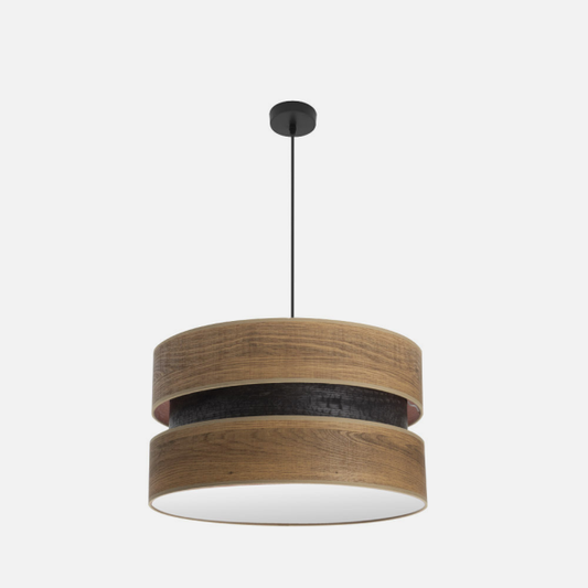 Colgante Colet 2xE27 de Abrila en negro y madera oscura, diseño moderno de 50cm para iluminación interior en salón o dormitorio, lámpara colgante AI2 con metal y textil para decoración doméstica
