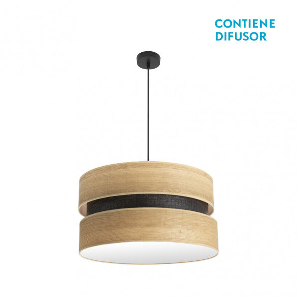 Lámpara colgante Colet 2xE27 de Abrila en negro y madera clara, diseño moderno de 50cm para iluminación interior difusa y decoración doméstica con estructura de metal textil.